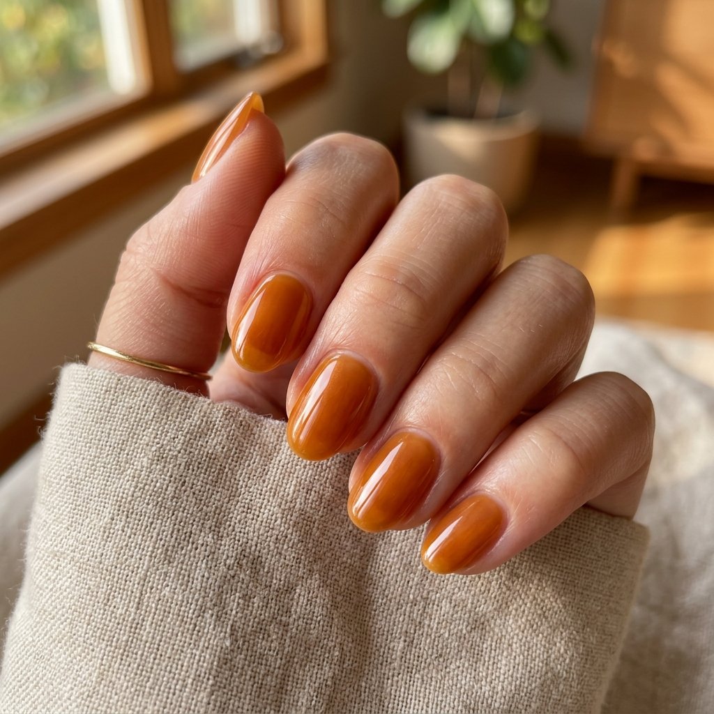 Warm Amber Glazed Short Oval Nails