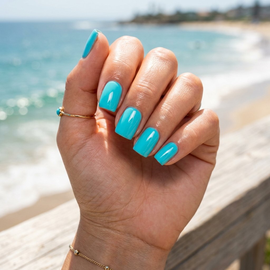 Aqua Blue Glossy Short Square Nails