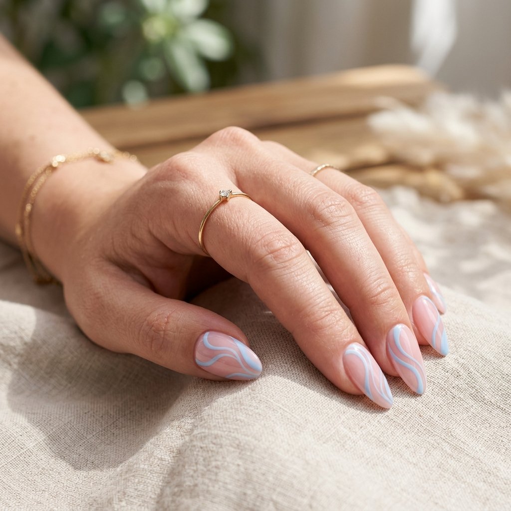 19 Blue Summer Nails Ideas to Refresh Your Seasonal Manicure 19 Baby Blue French Swirls