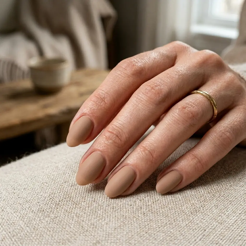 Warm Beige Matte Short Almond Nails