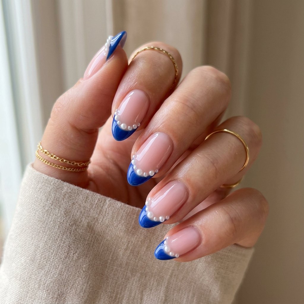 19 Blue Summer Nails Ideas to Refresh Your Seasonal Manicure 9 Blue French Tips with Pearl Details