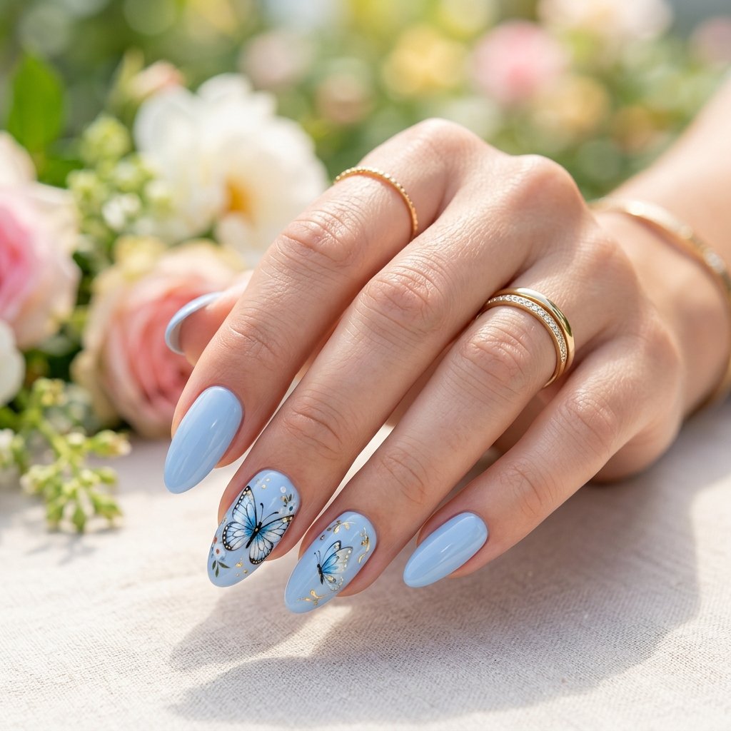 19 Blue Summer Nails Ideas to Refresh Your Seasonal Manicure 10 Blue Butterfly Nails