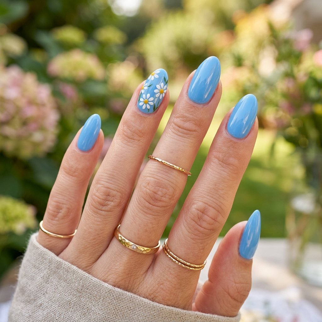 19 Blue Summer Nails Ideas to Refresh Your Seasonal Manicure 7 Blue Daisy Accent Nails