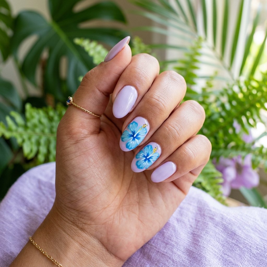 Blue Hibiscus on Soft Lavender Base
