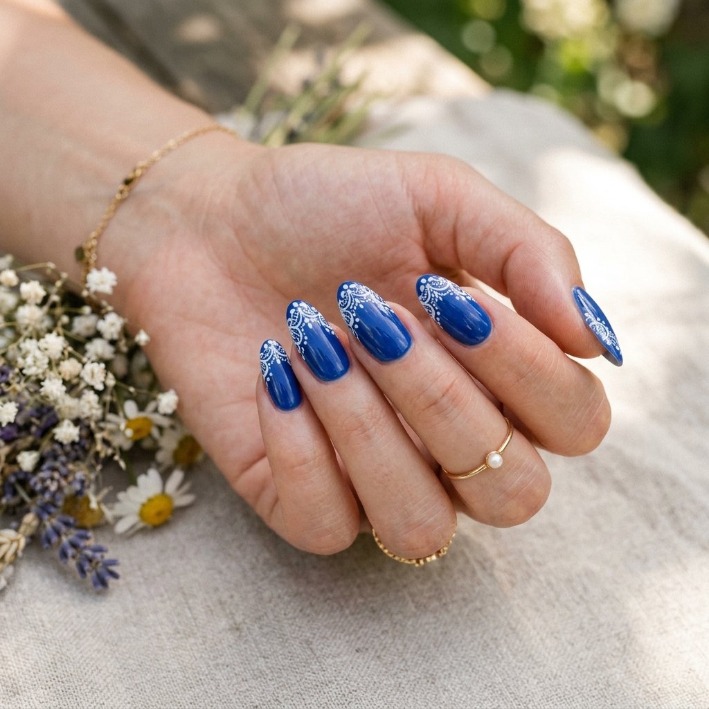 Blue Nails with White Lace Tip Detail