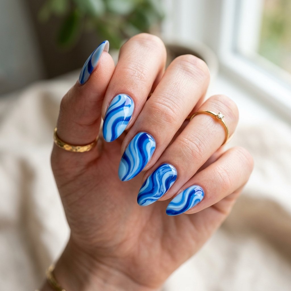 19 Blue Summer Nails Ideas to Refresh Your Seasonal Manicure 5 Abstract Blue Swirl Nails