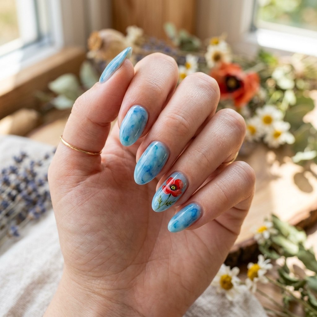 Blue Watercolor Nails with Red Poppy Detail