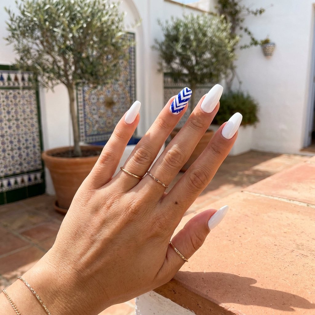 Blue and White Chevron Tile Nails