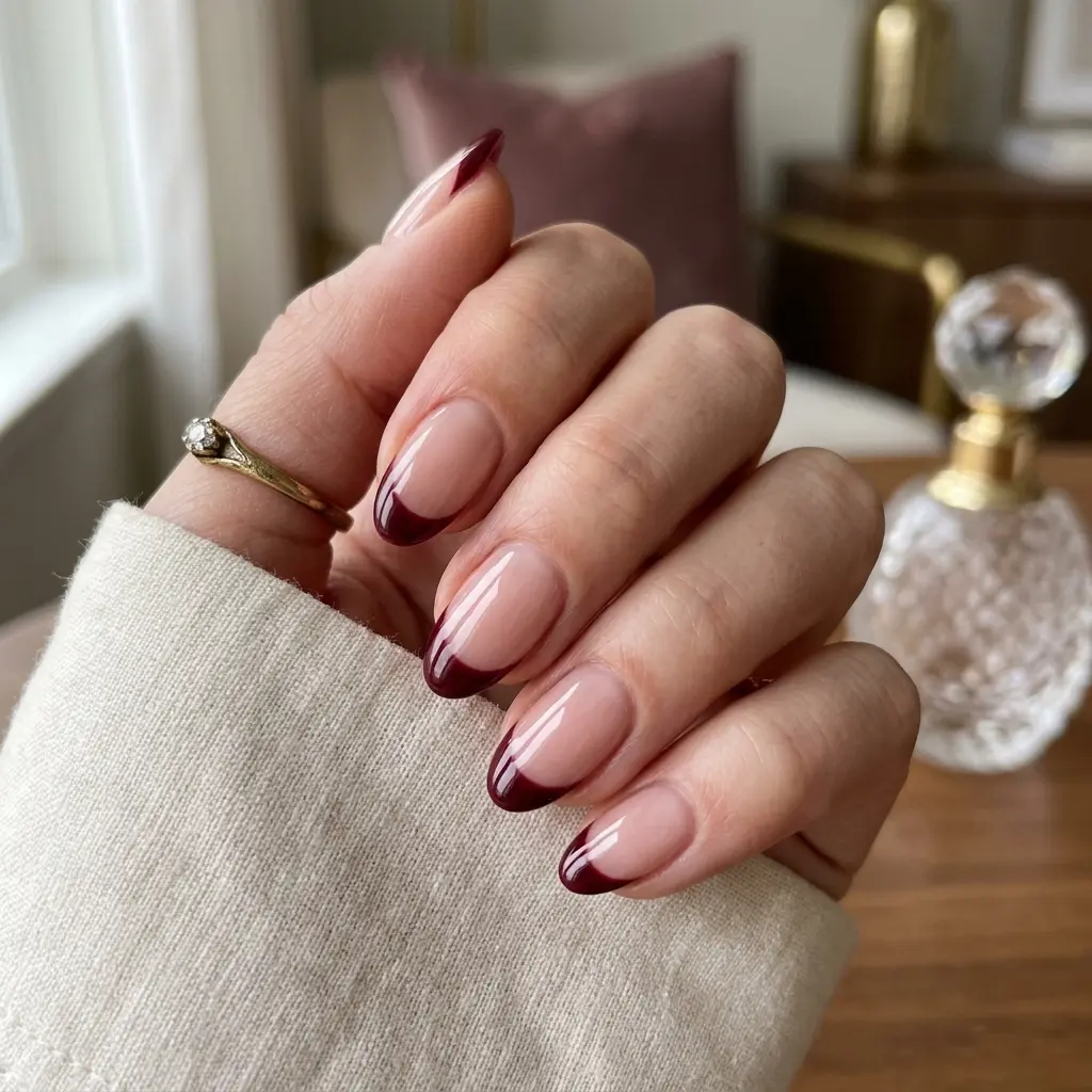 Burgundy French Tips on Short Almond Nails