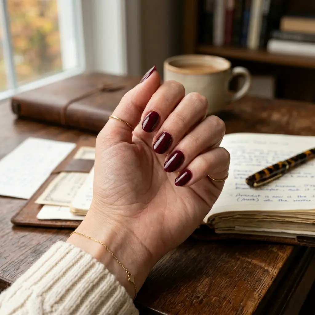 Deep Burgundy Short Almond Nails