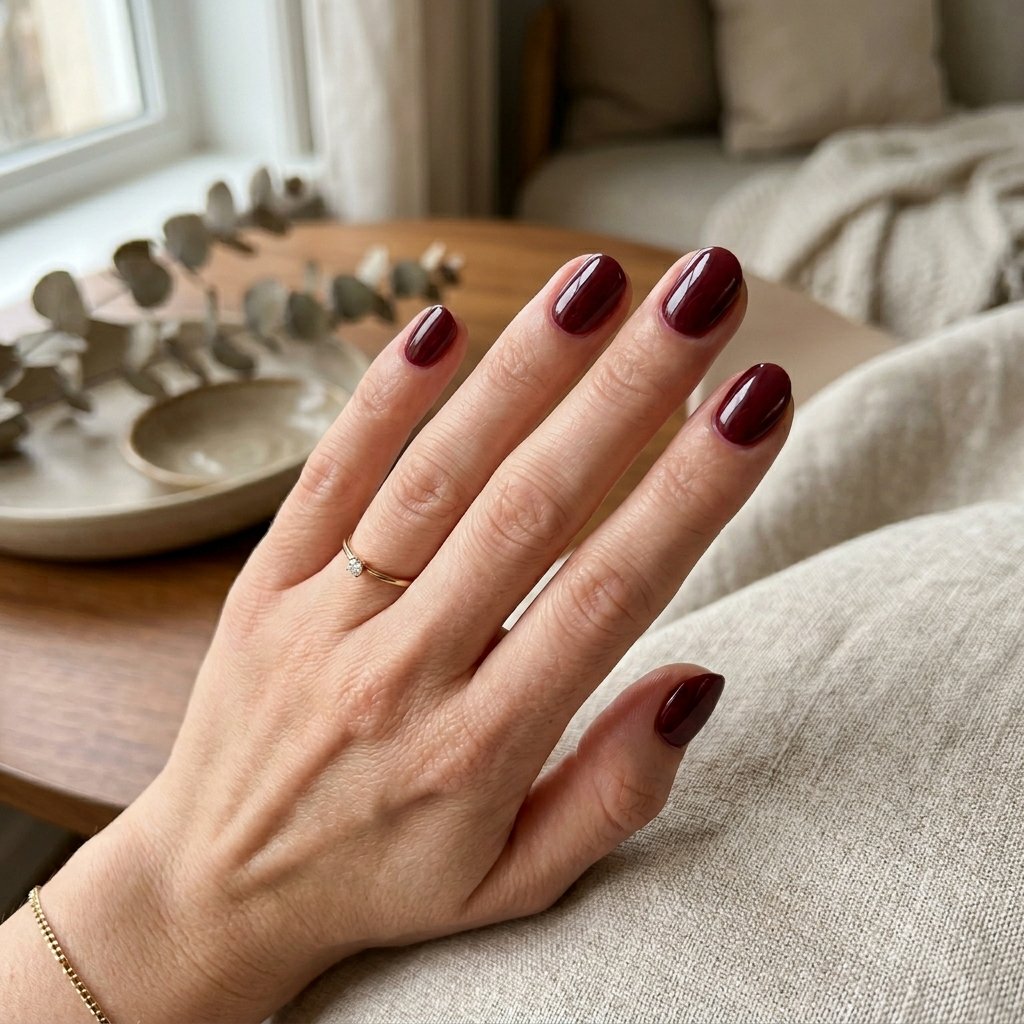 Warm Burgundy Glossy Short Almond Nails
