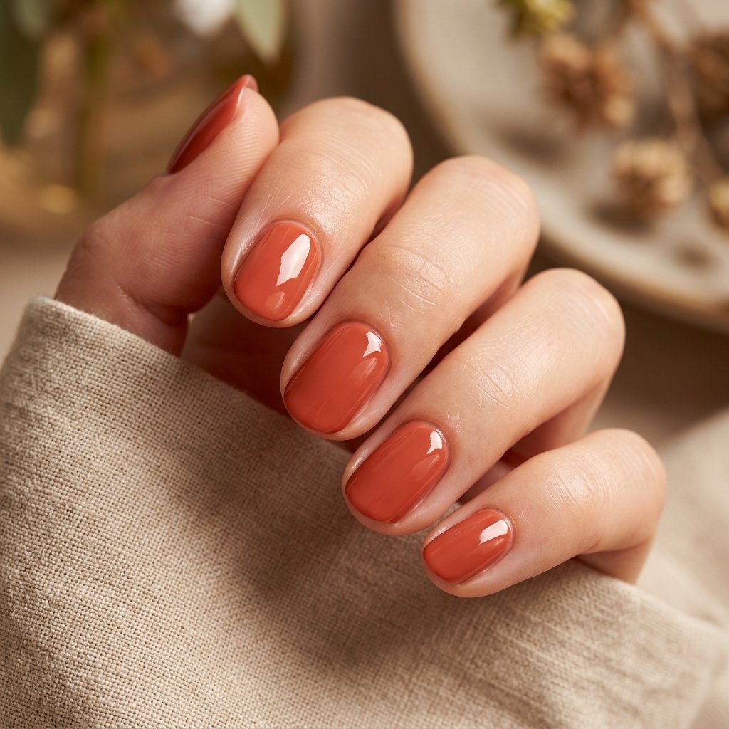 Burnt Coral Glossy Short Oval Nails