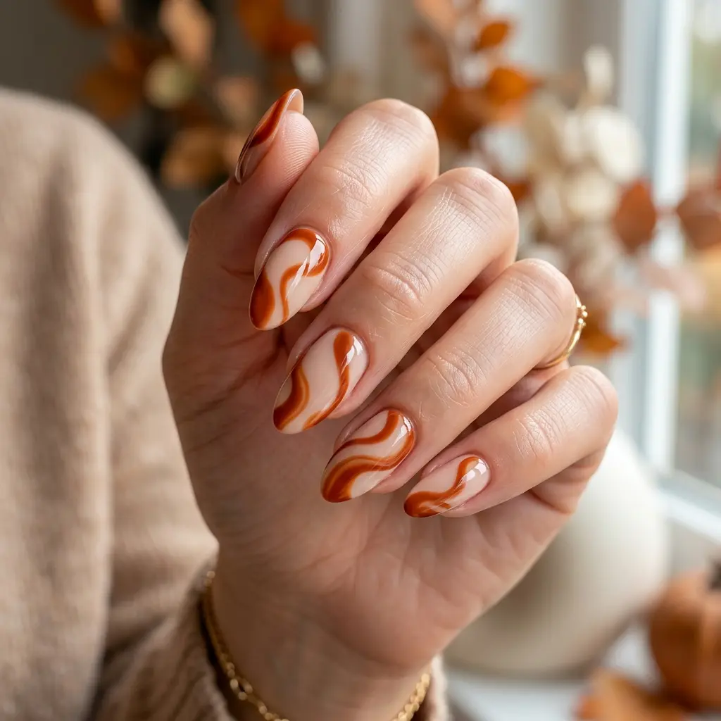 23 Early Fall August Nails You'll Want to Wear Before Everyone Else 4 Burnt Orange Swirl Nails
