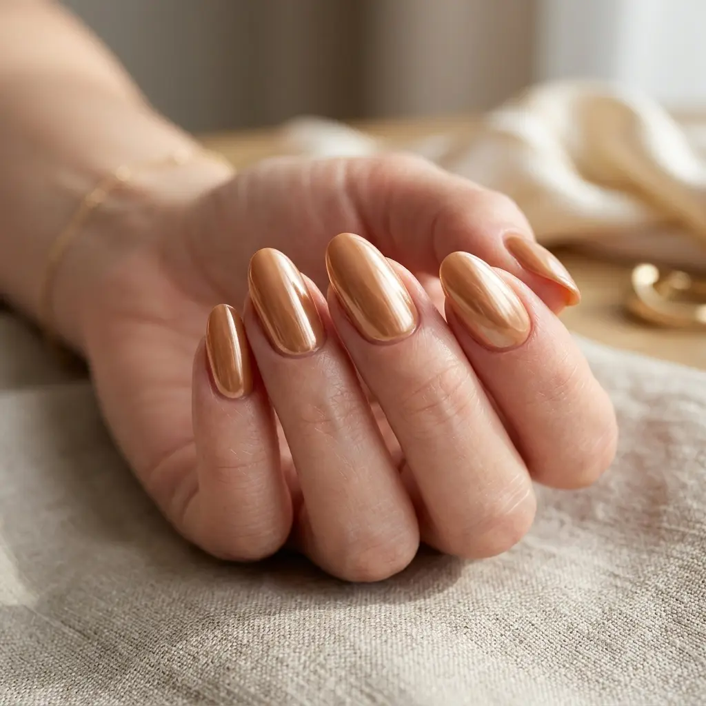 23 Early Fall August Nails You'll Want to Wear Before Everyone Else 7 Soft Caramel Chrome Nails