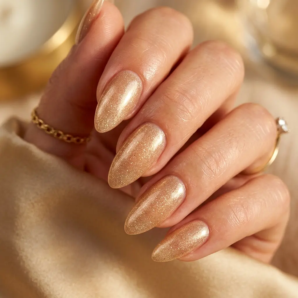 Warm Champagne Shimmer Almond Nails
