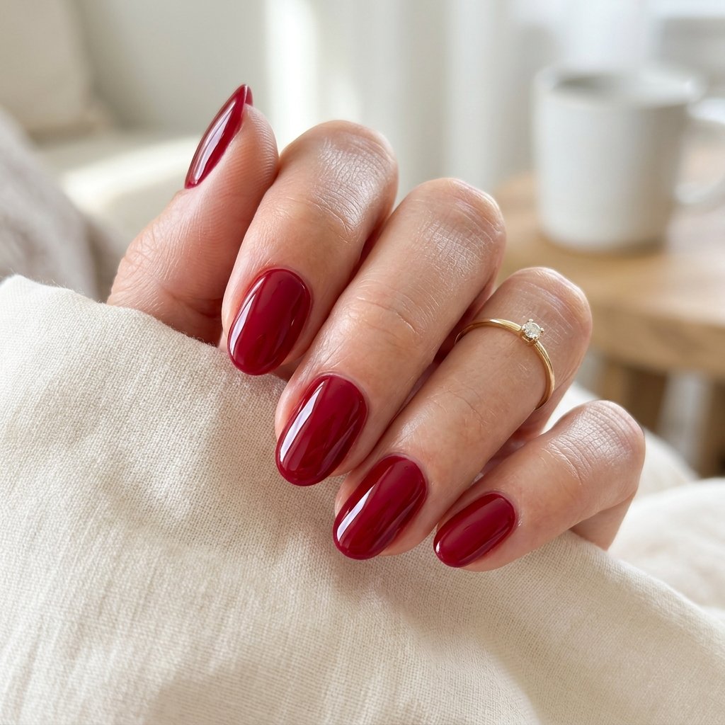 Classic Cherry Red Glossy Short Oval Nails