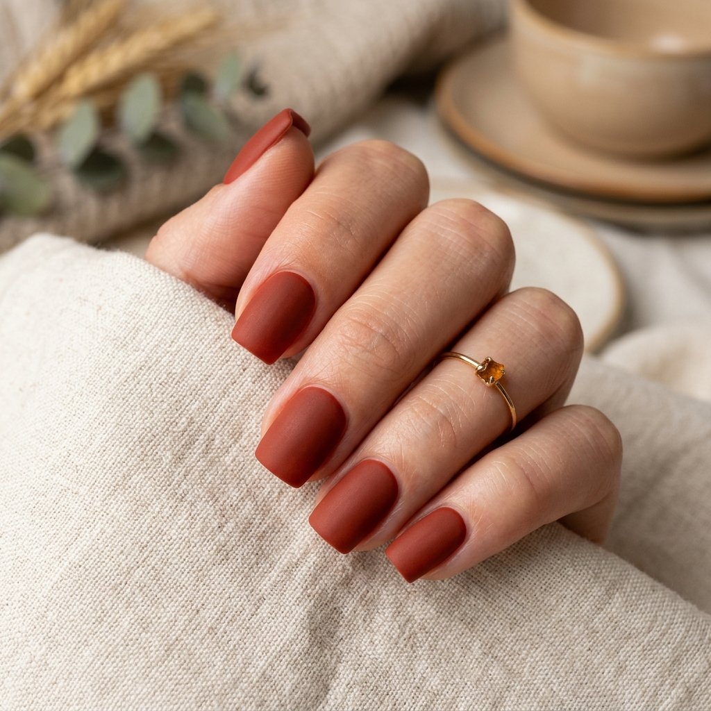 Warm Cinnamon Red Matte Short Square Nails