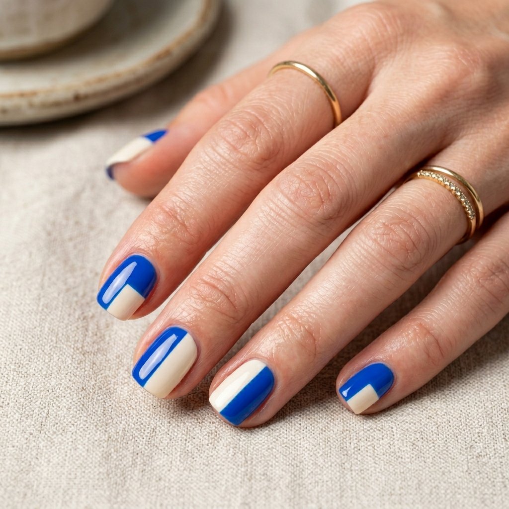Cobalt and Cream Color Block Short Nails