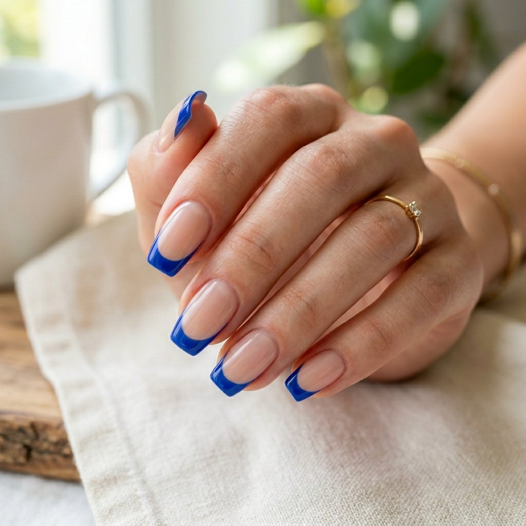 Cobalt Blue French Tips on Short Coffin Nails