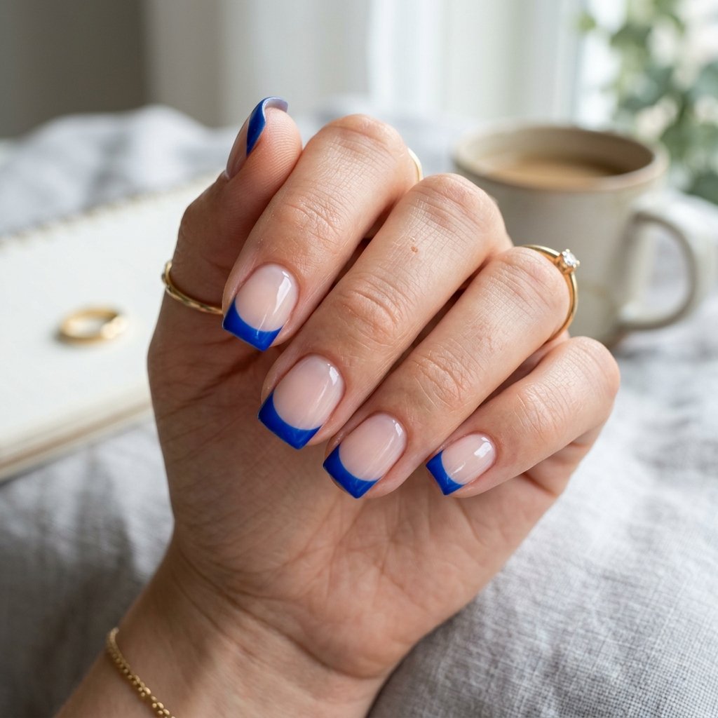 Cobalt Blue French Tips on Short Square Nails