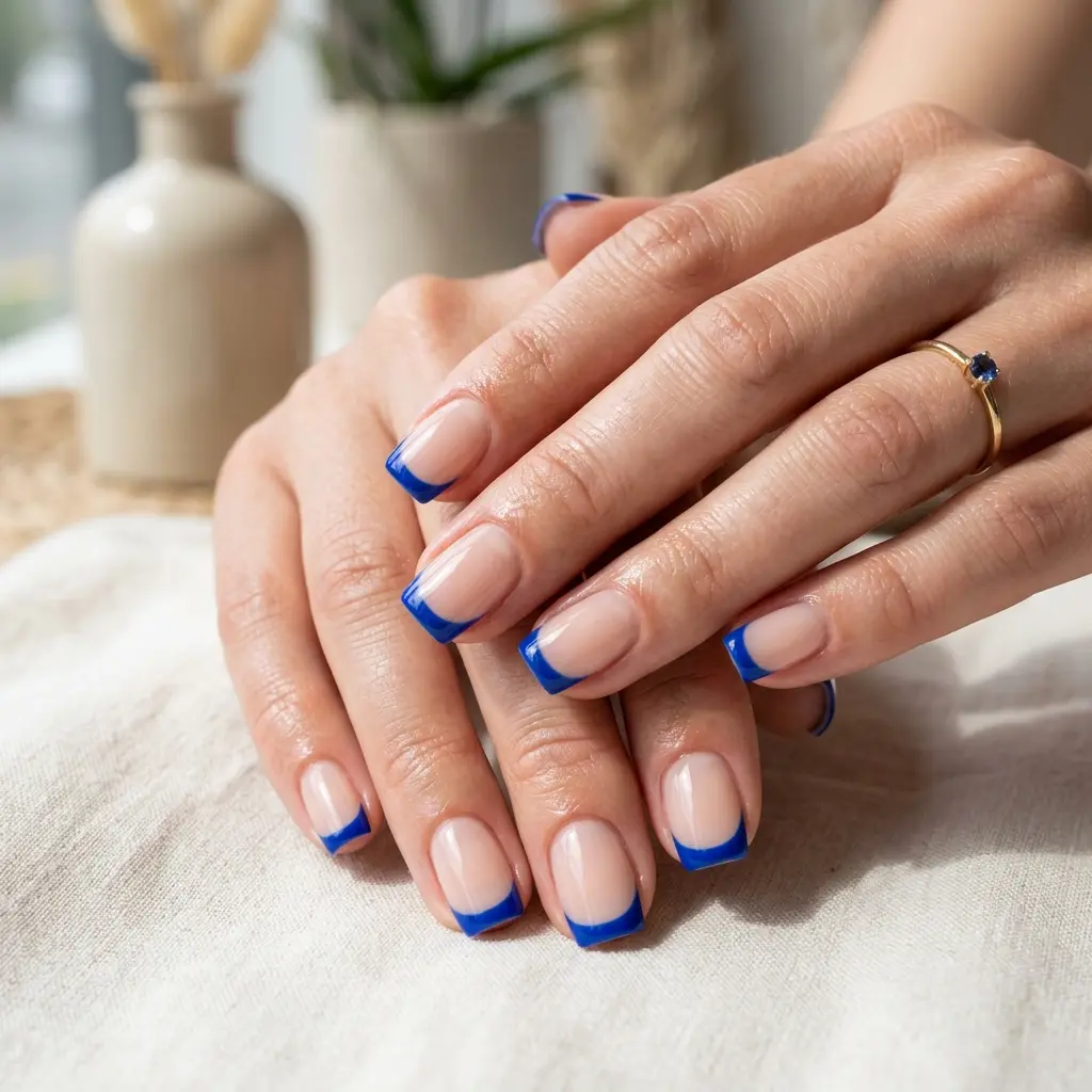 19 August Teacher Nails That Look Professional, Polished, and Chic 11 Cobalt Blue French Tips on Short Square Nails