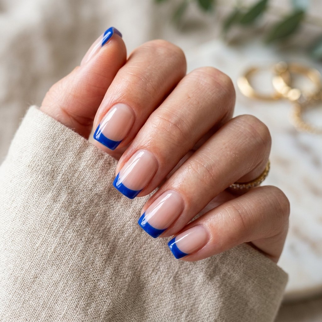 Cobalt Blue French Tips on Short Square Nails