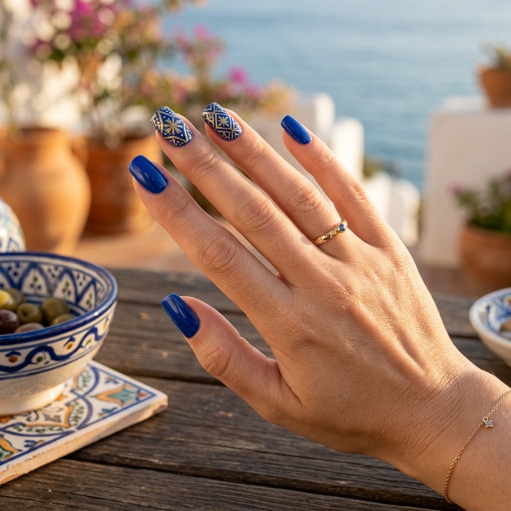 Cobalt and Gold Mediterranean Tile Nails