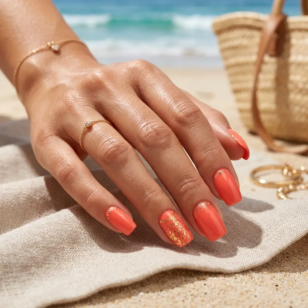 Coral and Gold Nails