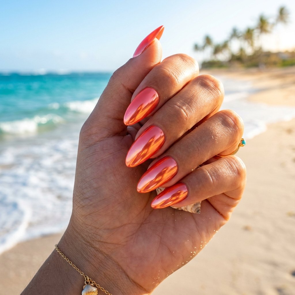 Vivid Coral Chrome Almond Nails