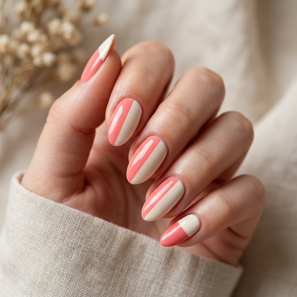 Coral and Cream Color Block Nails
