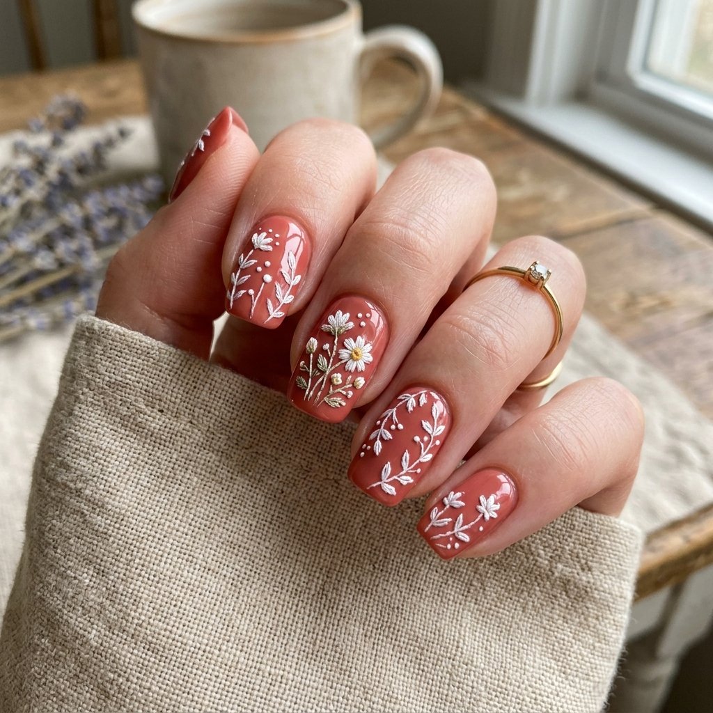 Muted Coral Red Nails with White Embroidery-Style Floral