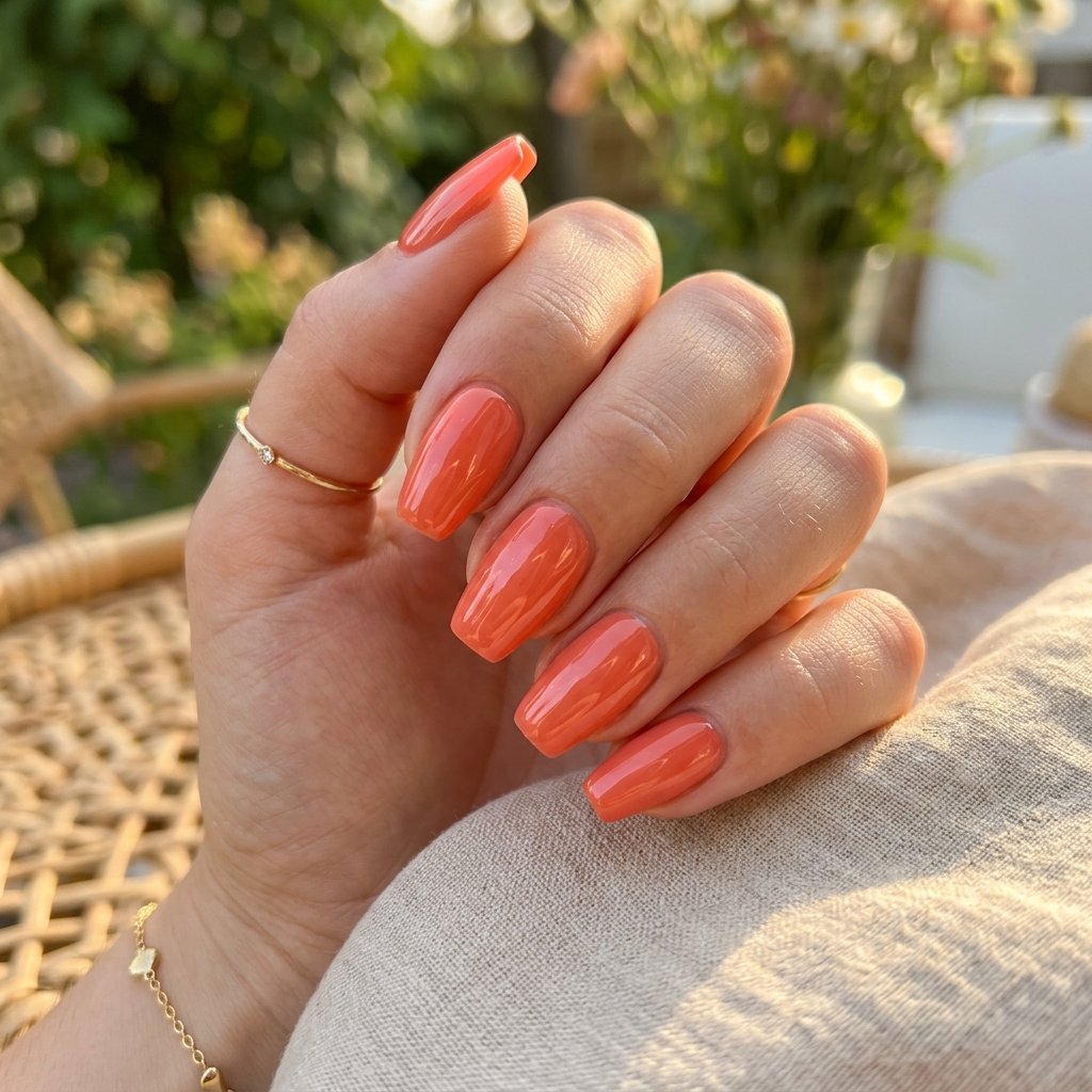 Glazed Coral Short Coffin Nails
