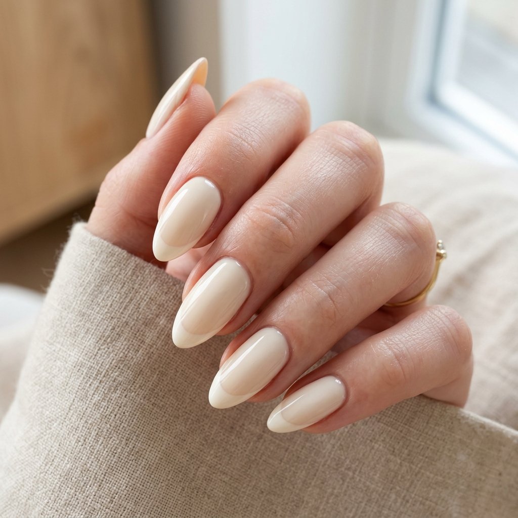 Cream Almond Nails with Ivory Tip