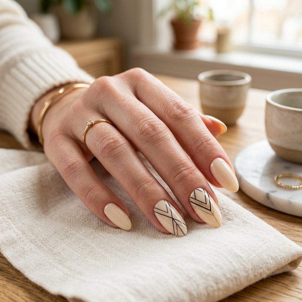 Cream Nails with Thin Geometric Line Detail