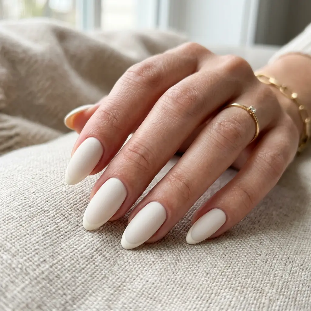 Cream White Matte Almond Nails with Ivory Tip