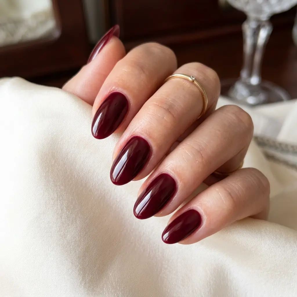 Deep Merlot Glossy Short Almond Nails
