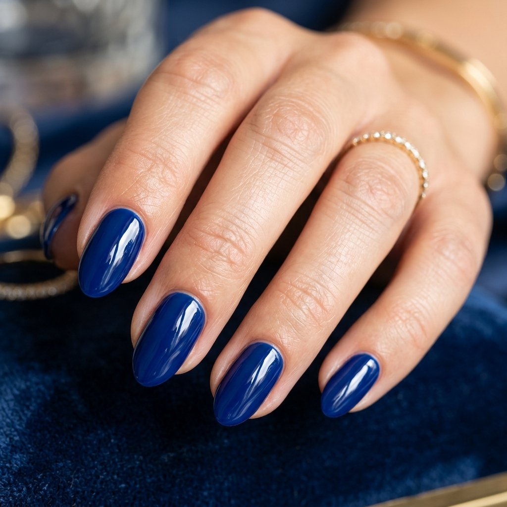 Deep Sapphire Glossy Short Almond Nails