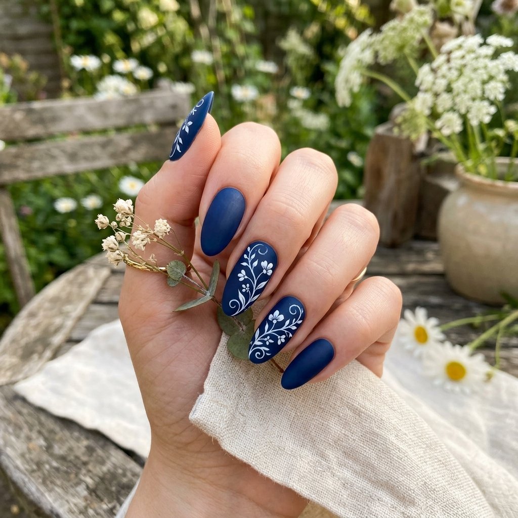 Deep Blue Matte Nails with White Floral Spray
