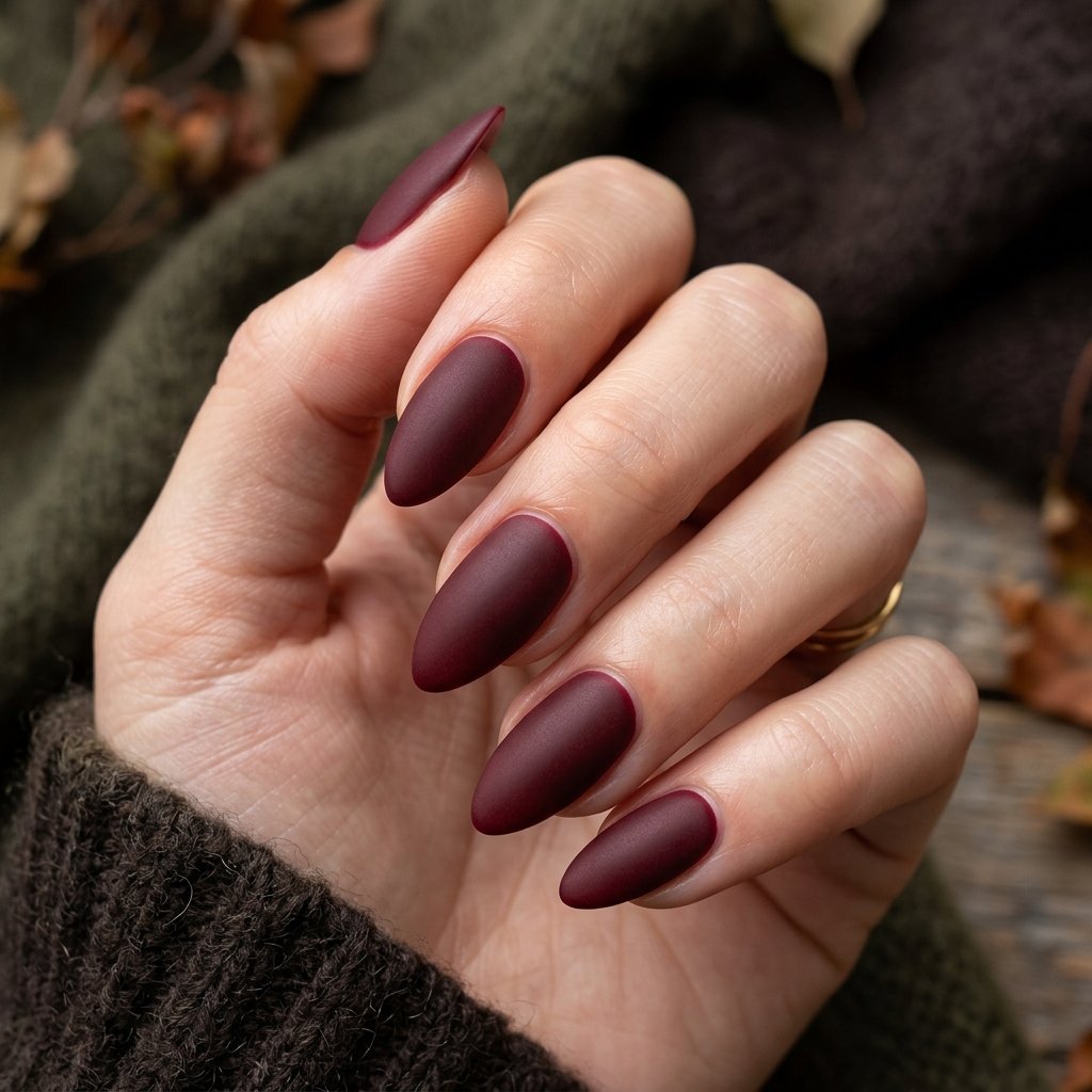 Deep Burgundy Matte Almond Nails