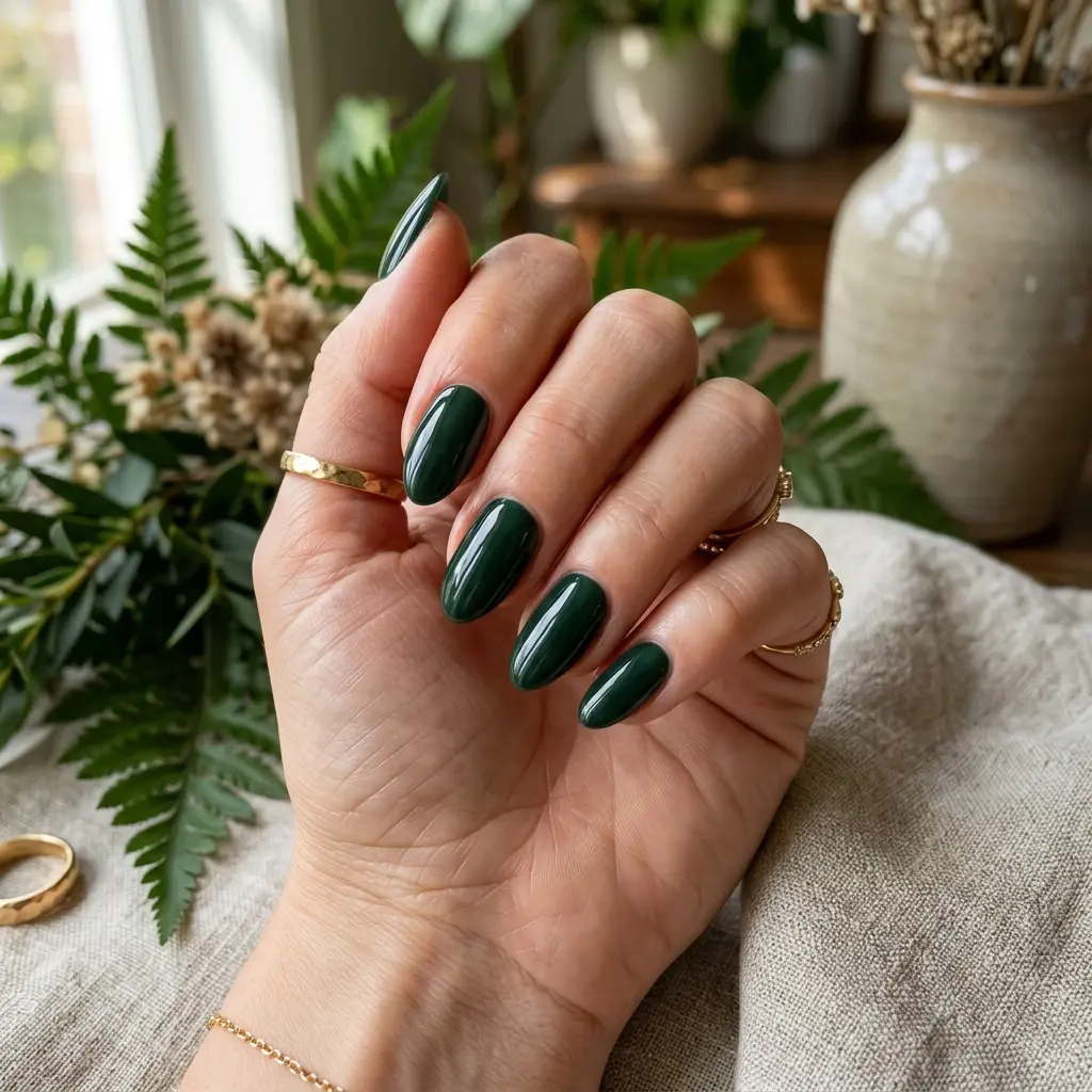 Deep Forest Green Glossy Short Almond Nails