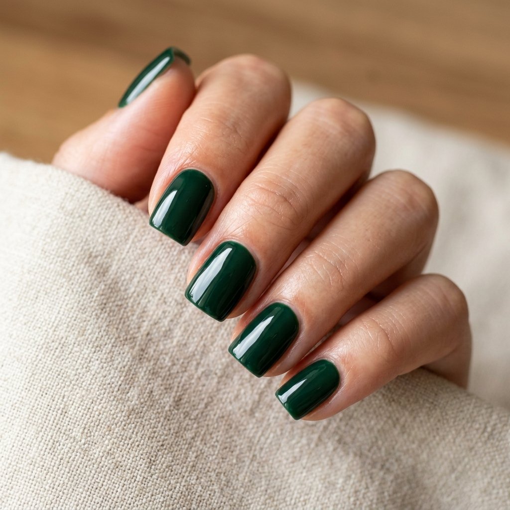 Deep Forest Green Glossy Short Square Nails