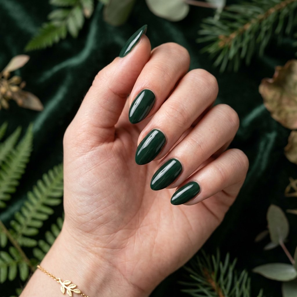 Deep Forest Green Short Almond Nails