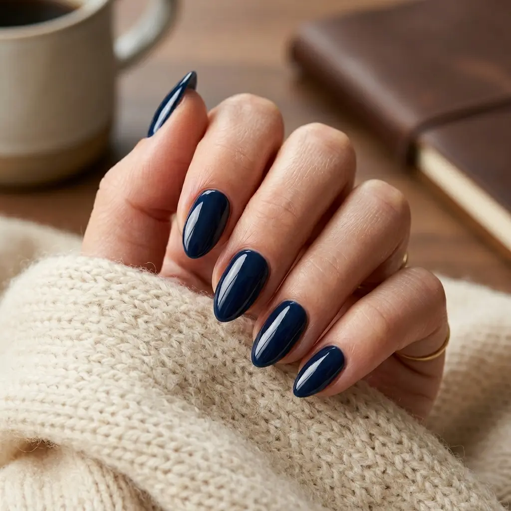 19 August Teacher Nails That Look Professional, Polished, and Chic 3 Deep Navy Glossy Short Almond Nails