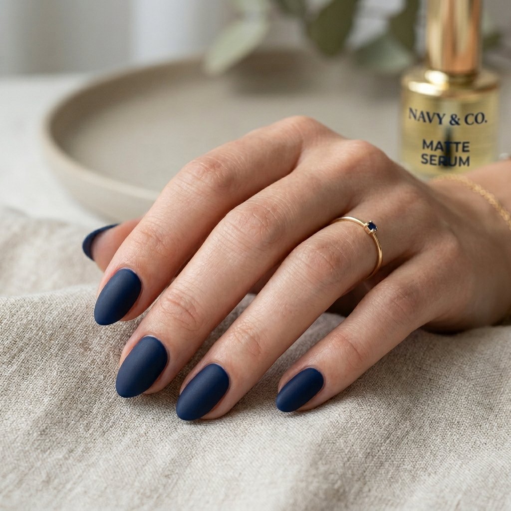 Deep Navy Matte Short Almond Nails
