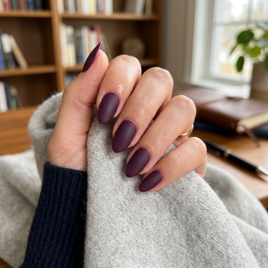 Deep Plum Matte Short Almond Nails
