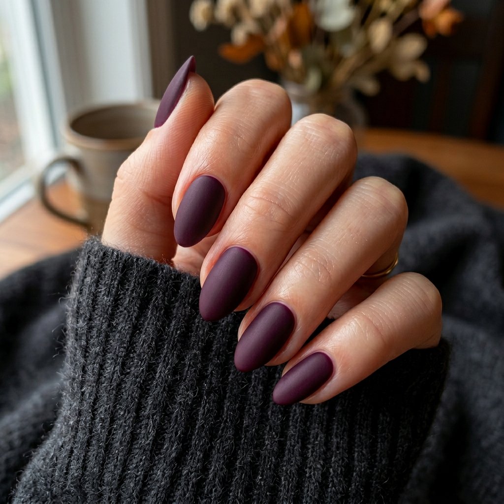 Deep Plum Matte Short Almond Nails