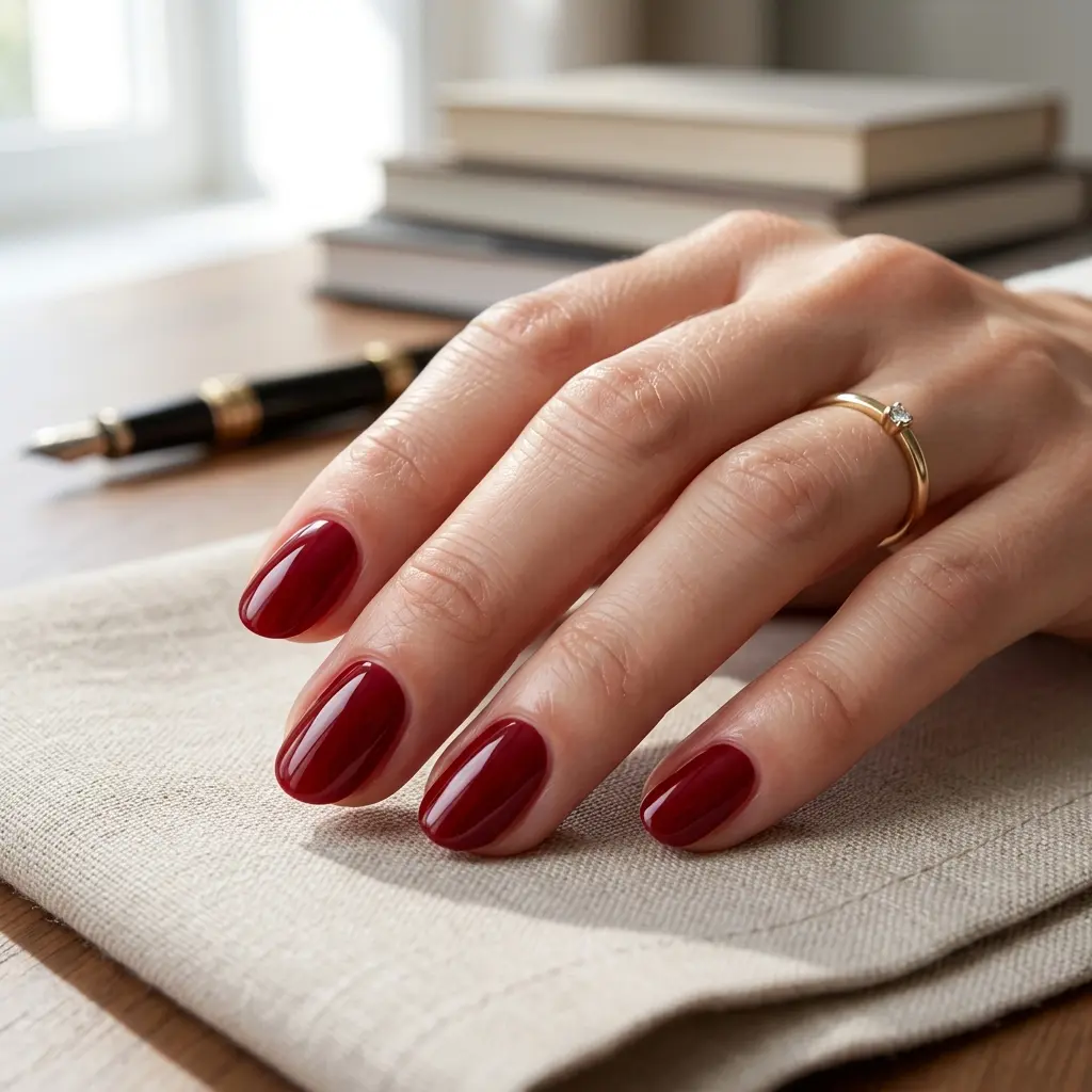 19 August Teacher Nails That Look Professional, Polished, and Chic 20 Classic Deep Red Glossy Short Oval Nails