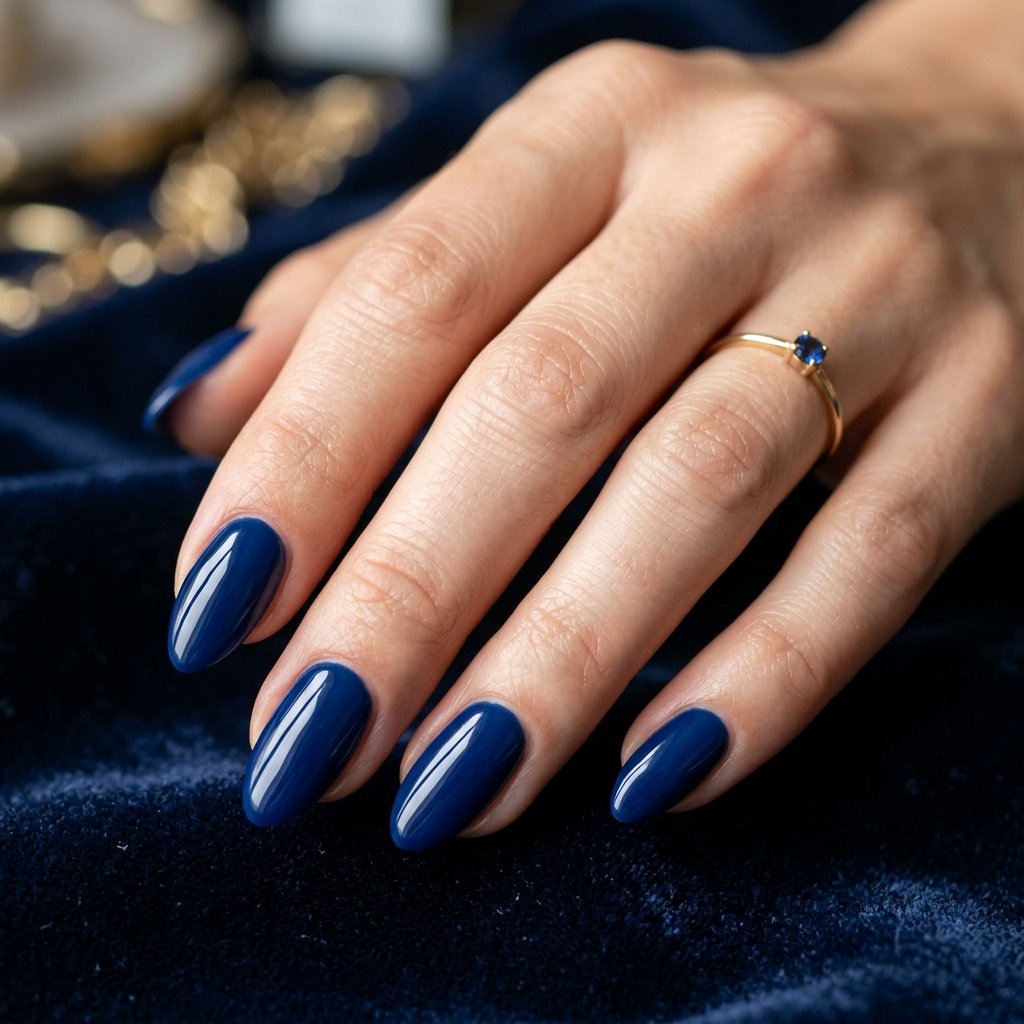 Deep Sapphire Blue Glossy Short Almond Nails