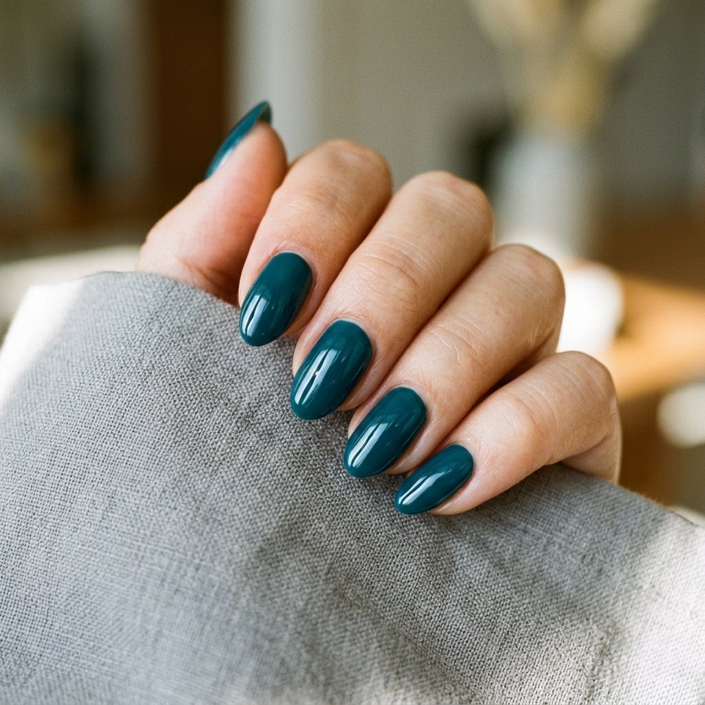 Deep Teal Glossy Short Almond Nails