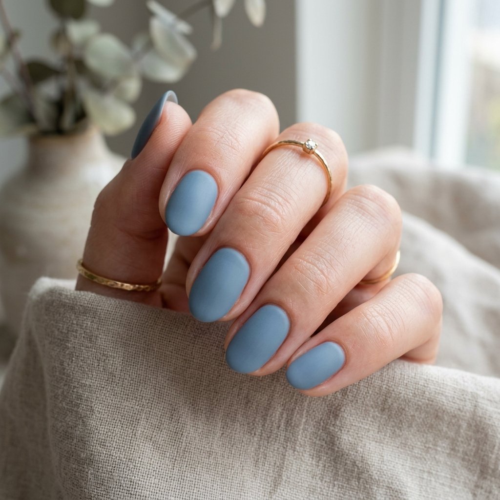 Dusty Blue Matte Short Oval Nails